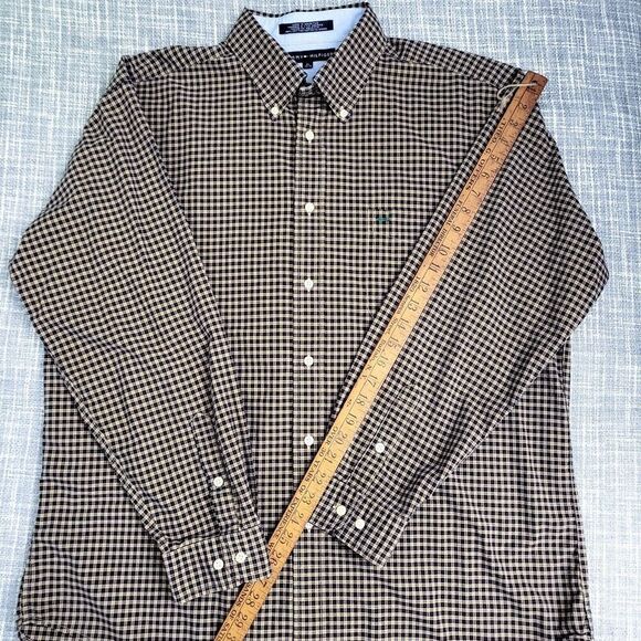 Tommy Hilfiger Button Down Plaid Shirt Brown Tan Men's L - Picture 10 of 16